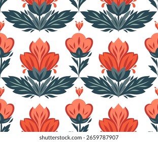 Vector seamless pattern with bloom flowers in row. Texture with decorative red flowers on white background. Tracery floral backdrop for fabric, wallpaper and wrapping paper
