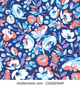 Vector seamless pattern, blooming absract white, blue flowers and violet, coral foliage. Illustration with floral composition on navy background. Use in textiles, interior, wrapping paper. svg