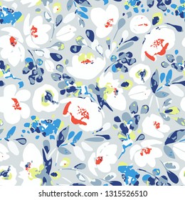 Vector seamless pattern, blooming abstract white flowers and blue, indigo foliage. Illustration with floral  shapes and spots on navy background. Use in textiles, interior, wrapping paper. svg