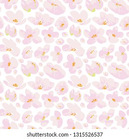 Vector seamless pattern, blooming abstract creamy pink flowers on white background. Use in textiles, interior, wrapping paper and other design.