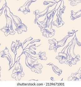 Vector seamless pattern Blooming branch Jacaranda , flowers on beige background. Hand drawn elements. Elegant floral background for design packaging , textile, wallpaper, fabric