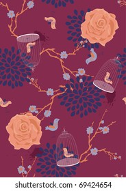 Vector seamless pattern with blooming branches, roses and cages