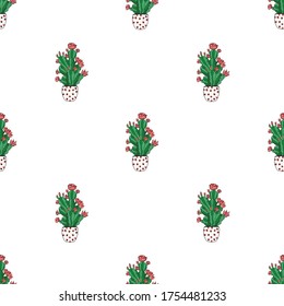 Vector seamless pattern of blooming cactus in a pot. Home plants. Mexican cactus repeating pattern. Design for printing on textiles, packaging, paper, wallpaper.