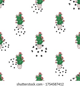 Vector seamless pattern of blooming cactus in a pot. Home plants. Mexican cactus repeating pattern on the background of spots, circles, peas. Design for printing on textiles, packaging, paper.