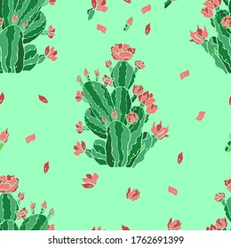 Vector seamless pattern of blooming cactus. Cacti, succulents, scandinavian style. Flowering plants endless repeating pattern. Design for printing on textiles, paper, wallpaper, packaging.