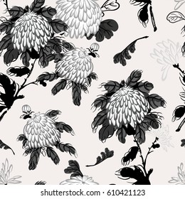 Vector seamless pattern with blooming chrysanthemum flowers in chinese style, monochrome ink drawing asian illustration on white background.