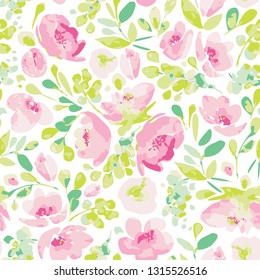 Vector seamless pattern, blooming creamy pink flowers and green foliage. Illustration with floral composition on white background. Use in textiles, interior, wrapping paper and other design.