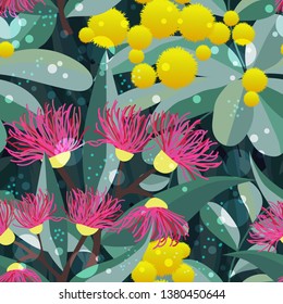 Vector Seamless Pattern With Blooming Eucalyptus Gum Tree And Acacia. Australian Flora Botanical Textile Fabric Design