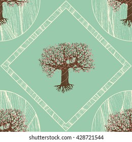 vector seamless pattern. blooming fairy tree with root. geometric design