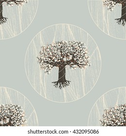vector seamless pattern. blooming fairy tree with root. geometric design