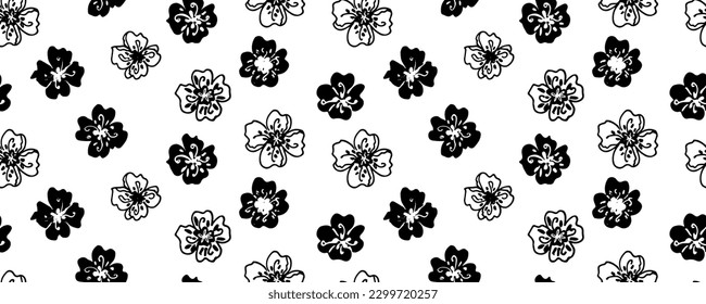 Vector seamless pattern  blooming  flowers  anemone, peony or rose . Flowers Japanese style grunge,  black and white texture.  Monochrome creative botanical wallpaper design