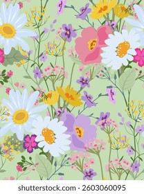 Vector seamless pattern with blooming meadow. Bright endless background with colorful wildflowers, forget-me-nots, chamomile, daisies