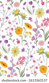 Vector seamless pattern with blooming meadow. Bright endless background with colorful wildflowers, forget-me-nots, chamomile, daisies