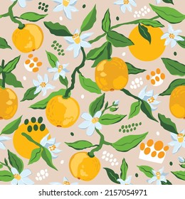 Vector seamless pattern of blooming oranges. Fruits, branches, leaves and flowers of the orange tree. Harvest of fragrant citrus. Design for printing on fabric, paper, packaging, wallpaper.