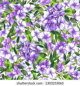 Vector seamless pattern, blooming purple, violet hydrangea and green foliage. Illustration with floral composition on a white background. Use in textiles, interior, wrapping paper and other design.