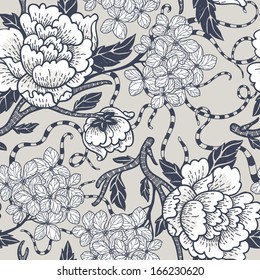 vector seamless pattern with blooming roses and hydrangea