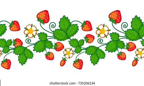 Vector seamless pattern with blooming strawberries and berries. Pattern with a plant.