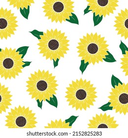 Vector seamless pattern with blooming sunflowers and leaves on white background. Floral summer pattern, simple yellow sunflowers field for textile, fabric, cover, print, wallpaper, screen saver.