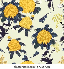 Vector seamless pattern with blooming yellow chrysanthemum flowers in chinese style, colorful ink drawing asian illustration on white background.