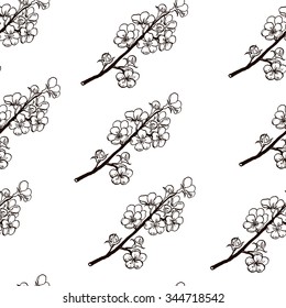 Vector seamless pattern with blossoming branch of sakura. 