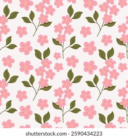 Vector Seamless pattern with Blossoming pink cherry flowers. Repeating background with floral texture. Spring motif for banner, wrapping, card, print, paper, poster, template. Botanical rapport 
