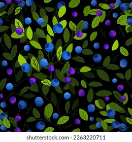 Vector seamless pattern with bluberry with branches and leaves on black background.