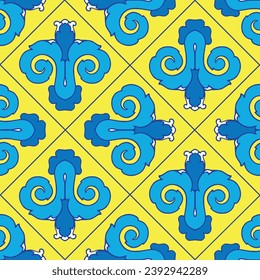 Vector seamless pattern of blue abstract geometric shapes for tile isolated on a yellow background