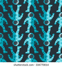 Vector seamless pattern with blue astronauts on dark background. Endless texture with spacemen. Website backdrop, textile print, wallpaper in kids room. Cartoon style