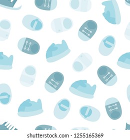 Vector seamless pattern of blue baby shoes. Kids shoes seamless pattern. 