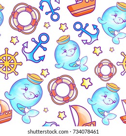 Vector seamless pattern with blue baby dolphin, anchor, ship, helm, life ring, star . Marine theme. Regular background, sweet childhood, multicolored colors.Printable bright design.