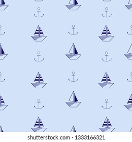 Vector seamless pattern. Blue background and line illustrations. Sea theme. Boat with sail an anchor. Great for children room decor, fabric, textile, background design, wrapping, packaging, wallpaper.
