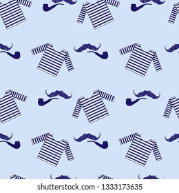 Vector seamless pattern. Blue background and line illustrations. Sea theme. Striped vest, moustache. Great for children room decor, fabric, textile, background design, wrapping, packaging, wallpaper.