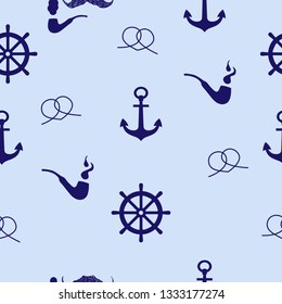 Vector seamless pattern. Blue background and line illustrations. Sea theme. Rope, pipe, handwheel, anchor. Great for children room decor, fabric, textile, background, wrapping, packaging, wallpaper.