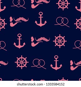 Vector seamless pattern. Blue background and pink line illustrations. Sea theme. Rope, pipe, wheel, anchor. Great for children room decor, fabric, textile, background, wrapping, packaging, wallpaper.