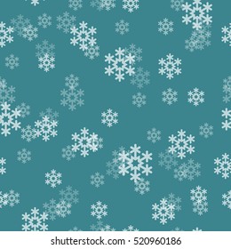 Vector seamless pattern. Blue background with white snowflakes.