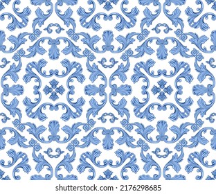 Vector seamless pattern from blue Baroque scrolls, acanthus leaf and floral elements on a white background