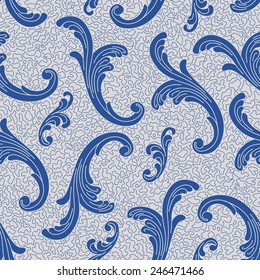 Vector seamless pattern with  blue Baroque curled floral elements  on light grey shabby background