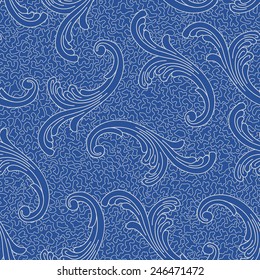 Vector seamless pattern with  blue Baroque curled floral elements  on indigo blue shabby background