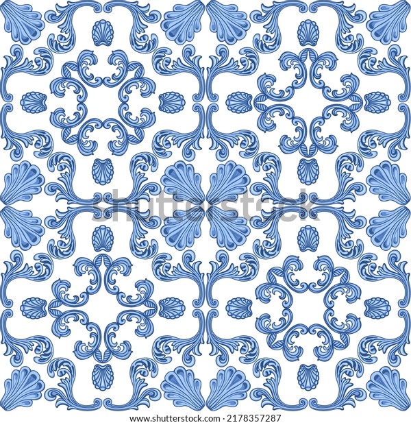 Vector Seamless Pattern Blue Baroque Scrolls Stock Vector (Royalty Free ...