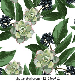 Vector seamless pattern with blue berries branch with leaves and exotic succulent flowers. Hand drawn illustration, watercolor style texture. White background.