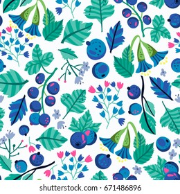 Vector seamless pattern of blue berries, leaves and flowers.