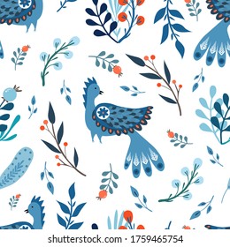 Vector seamless pattern with blue bird, branches, leaves and berries in a folk art style. Folklore ornamental art. Decorative ornament for wrapping paper, fabric, textile, wallpaper. Isolated on white