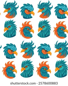 Vector seamless pattern with blue bird on white background. Texture with parrot heads in cartoon fantasy style. Textile with hand drawn macaws for wallpaper