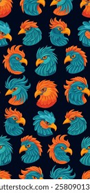 Vector seamless pattern with blue bird on dark background. Texture with parrot in cartoon fantasy style. Textile with hand drawn macaws for wallpaper and fabric