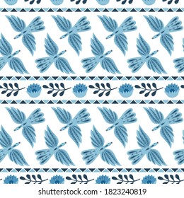 Vector seamless pattern with blue birds and flowers. Folk style. Folklore ornamental art. Decorative ornament. Illustration isolated on white background. For wrapping, wallpaper, textile, scrapbooking