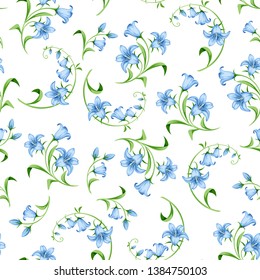 Vector seamless pattern with blue bluebell flowers on a white background.