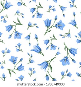 Patrón vectorial sin fisuras con flores azules (campanula) sobre un fondo blanco.