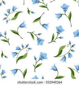 Vector seamless pattern with blue bluebell flowers isolated on a white background.