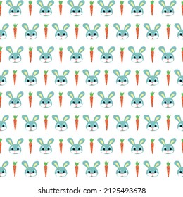 Vector seamless pattern with blue bunnies and orange carrots on a transparent background. Print for kids textiles and decor.