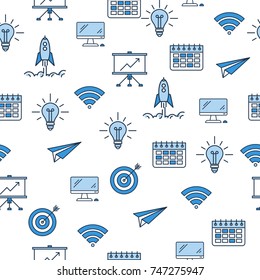 Vector Seamless Pattern with blue Business icons on white background. Computer, plane, calendar, start up rocket and notice board symbols